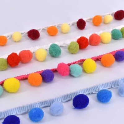 3 Yard Tasseled Pompom Balls Trim Colorful Fringe Ribbon for Sewing DIY Cushion - Image 1 of 4