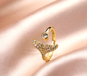 Trendy Gold Mermaid Fish Tail Pave Cubic Zirconia Adjustable Band Ring - Picture 1 of 2