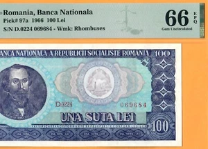 ROMANIA-100 LEI-1966-PICK 97a-SERIAL NUMBER 069684 **PMG 66 EPQ GEM UNC** - Picture 1 of 3