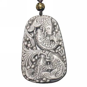 Crystal Natural silver obsidian fish koi necklace Amulet pendant with bead chain - Picture 1 of 7