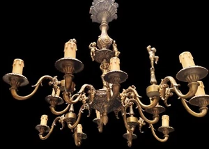Magnifique lustre ancien en bronze massif doré - 12 lumières - style baroque - Photo 1/11