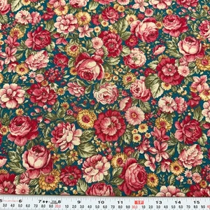 Vintage 1993 Joan Kessler for Concord Florals on Teal Blue Cotton Remnant 11x44 - Picture 1 of 2