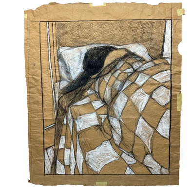 Charcoal Drawing on Grocery Bag Paper 17"x20" | Checkered Design | Unsigned - Image 1 of 4