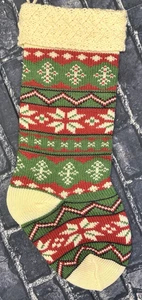 World Market Wool Knit Christmas Stocking Green Red Cream Black Poinsettias Snow - Picture 1 of 9