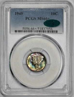 1945 Mercury 10c Silver Dime PCGS MS 66+ CAC Approved Incredible Rainbow Toning - Image 1 of 4