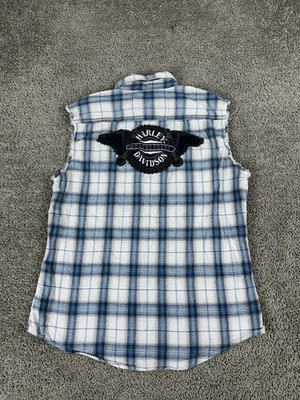 Camisa Harley-Davidson Para Hombre Grande Azul Blanco A Cuadros Sin Mangas Corte Motociclista Deshilachada Foto 1 de 4