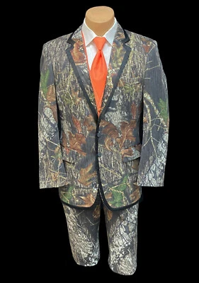 Boys Mossy Oak Camo Tuxedo Jacket & Pants Set Flat Front with Satin Trim Size 12 - Image 1 of 4