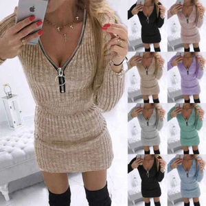 Plus Size Womens Ribbed Mini Jumper Dress Zip V Neck Long Sleeve Winter Bodyconh - Picture 1 of 18