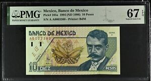 Mexico 10 Pesos 1994 P105 SUPERB GEM PMG UNC 67 EPQ AA Prefix Zapata Low S/N