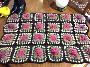 Crochet Baby Blanket Afghan Throw Puff Flowers 42x30 Brown Pinks 60's Granny Sq. - Picture 1 of 8