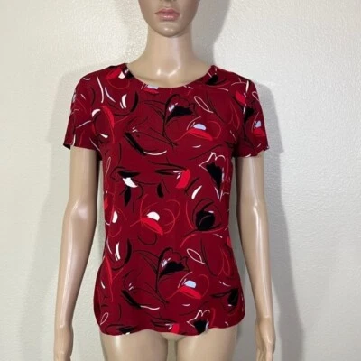 Hugo Boss Blouse Top Womens Red Floral Viscose Crepe Short Sleeve Crew Neck US 0 - Image 1 of 4