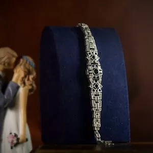 Bracciale Argento Antico Arte Deco Floreale Zirconia Cubica Blu Vintage 1920s A - Foto 1 di 9
