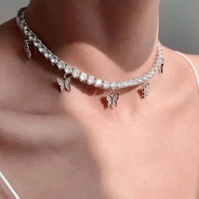 Collar de tenis enchapado en oro blanco de 18k hecho con mariposa con piedra de cristal de Swarovski Foto 1 de 4