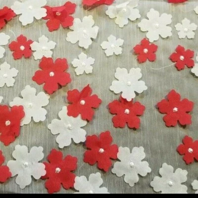 White Crinkle Chiffon with White and Red Appliqued Flowers - GORGEOUS! - Image 1 of 4