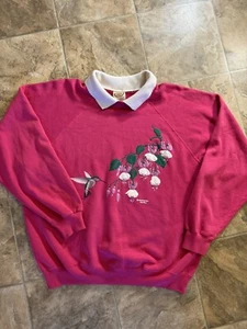 Vintage Collared Sweater Pink Hummingbird And Flowers Morning 90s XL 23x26 Bird - Picture 1 of 6