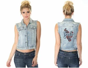 Grace in LA Jeans Women's Embroidered Distressed Denim Vest With Rips - Picture 1 of 3