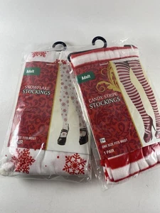2 Paar Damen Weihnachten rot weiß Streifen Schneeflocke Strumpfhosen Strümpfe Kostüm - Bild 1 von 3