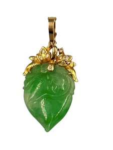 Green Jade Jadeite Carved Pendant 14k with Diamonds Pendant - Picture 1 of 2