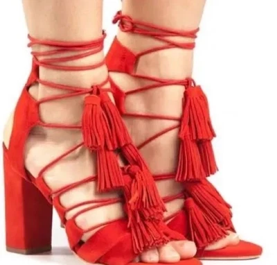 Loeffler Randall 红色麂皮绒系带踝绑带凉鞋 7 码流苏 — 第 1/4 张图片