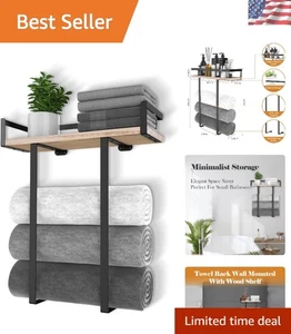 Elegant Wall-Mounted Towel Rack with Wooden Shelf for Chic Bathroom Storage - Picture 1 of 10