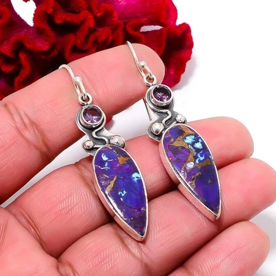 Copper Purple Turquoise & Purple Amethyst 925 Sterling Silver Earring 2.11" E940 - Image 1 of 4