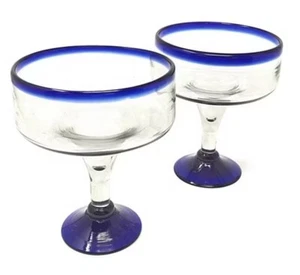Margarita Glasses: 2 Cobalt Blue Rim Mexican Hand-Blown Recycled Glass w/Bubbles - Picture 1 of 3