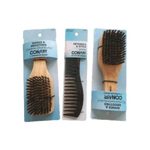 Conair 3 pieces - 2 Wood Club Hair Brush W/Boar Bristles, 1 Wide Tooth Lift Comb - Picture 1 of 7