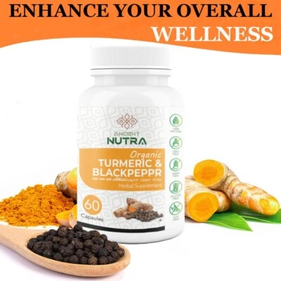 60 Capsules Turmeric Curcumin with Black Pepper BioPerine  High Strength Organic - Image 1 of 4