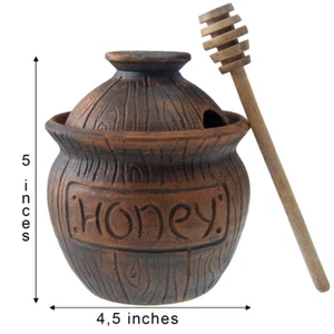 Honey Jar with a Dipper. Ceramic Honey Pot Made Out of Solid Clay Piece Brown - Imagen 1 de 8