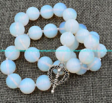 Natural 12mm White Opal Round Gems Beads Necklace Tibetan Silver Love Clasp 18''