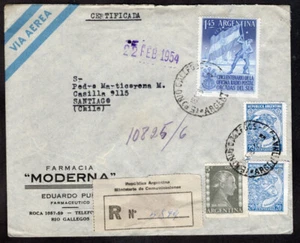 746 ARGENTINA TO CHILE REGISTERED AIR MAIL COVER 1954 RADIO RIO GALLEGOS - SGO. - Picture 1 of 2