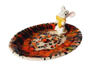 Vintage handbemalte Keramik Maus Käseplatte 70er orange braun Tropfglasur LESEN - Bild 1 von 7