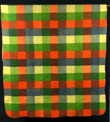 Vintage Camp Blanket Fleece Checkered Orange Green Yellow Blue Picnic Farmhouse  - Image 1 of 4
