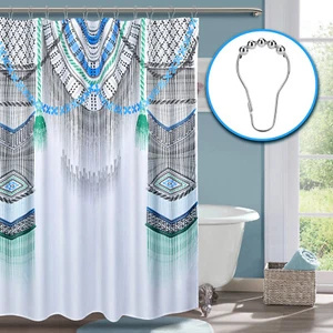 72x72” Weighted Thick Boho Farmhouse Fabric Shower Curtain Set Machine Washable - Picture 1 of 10