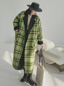 Green Black Classic Urban Chic Street  Edgy Country Tartan  Jacket Midi Coat  18 - Picture 1 of 20