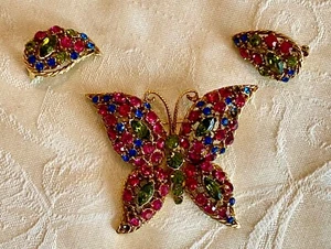 Vintage butterfly brooch/earrings set,STUNNING! deep color settings,large size - Picture 1 of 4