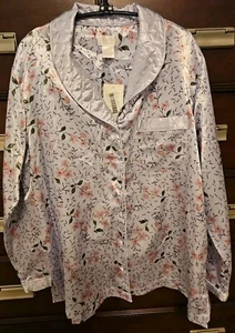 GO SOFTLY SLEEPWEAR PAJAMA TOP M BUTTON L/S LT BLUE FLORAL POLY BLEND SATIN-NWT - Picture 1 of 11