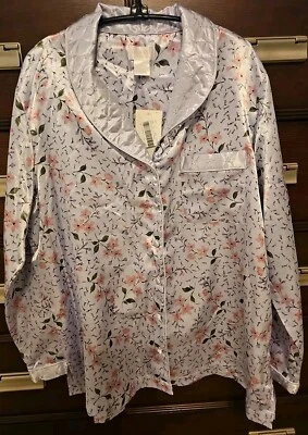 GO SOFTLY SLEEPWEAR PAJAMA TOP M BUTTON L/S LT BLUE FLORAL POLY BLEND SATIN-NWT - Image 1 of 4