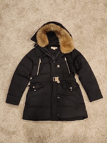 Cappotto imbottito Michael Kors con cappuccio e pelliccia sintetica bottoni davanti con cintura taglia: L