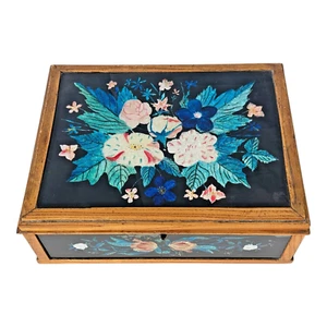 Antique Folk Art Floral Foilwork Glass Dresser Box or Jewelry Box - Picture 1 of 13