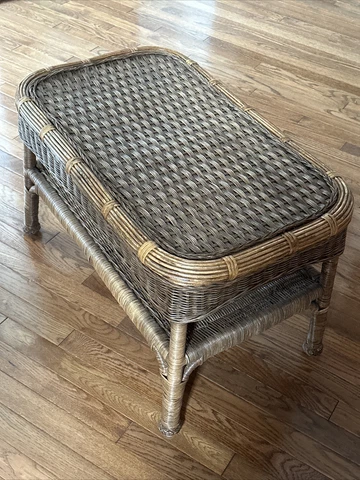 Vintage Bamboo Wicker Rattan Coffee Cocktail Table 28 X 17 X 17.5 W/ Shelf BOHO Cover