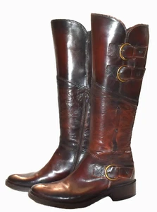 Vera Pelle Brown Leather Knee High Riding Buckle Boots Made in Italy Womens Sz6 - Picture 1 of 19