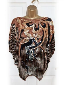 Vintage Bronze Gold & Black Indian Silk & Sequin Floral Poncho Top, size M - VGC - Picture 1 of 7