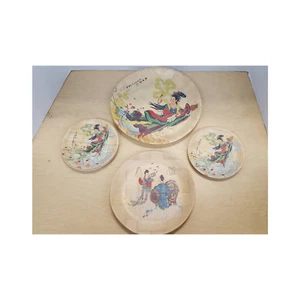 Pretty 6" & 9" & 11" Chinese Asian Oriental Bamboo Plate Set or Four 4 - Picture 1 of 11