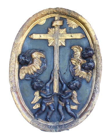 Antique Gothic Religious Oval Wooden Plaque Cover