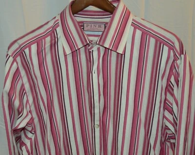 Дизайнерский мужской стильный в полоску розовый, французский манжеты платье рубашка, L - Изображение 1 из 4