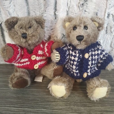 Hugfun 1998 Brown Teddy Bear (2) Knit Red/Blue Sweaters Plush Stuffed Animal Lot - Image 1 of 4