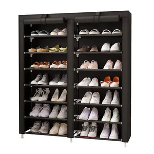 Double Row Portable Nonwoven Fabric Cover Shoe Rack Storage Organizer Black - Picture 1 of 8