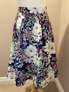 Vero Moda Skirt Size 8 10 Navy Blue Pink Cream Floral Cotton Calf Length - Picture 1 of 2