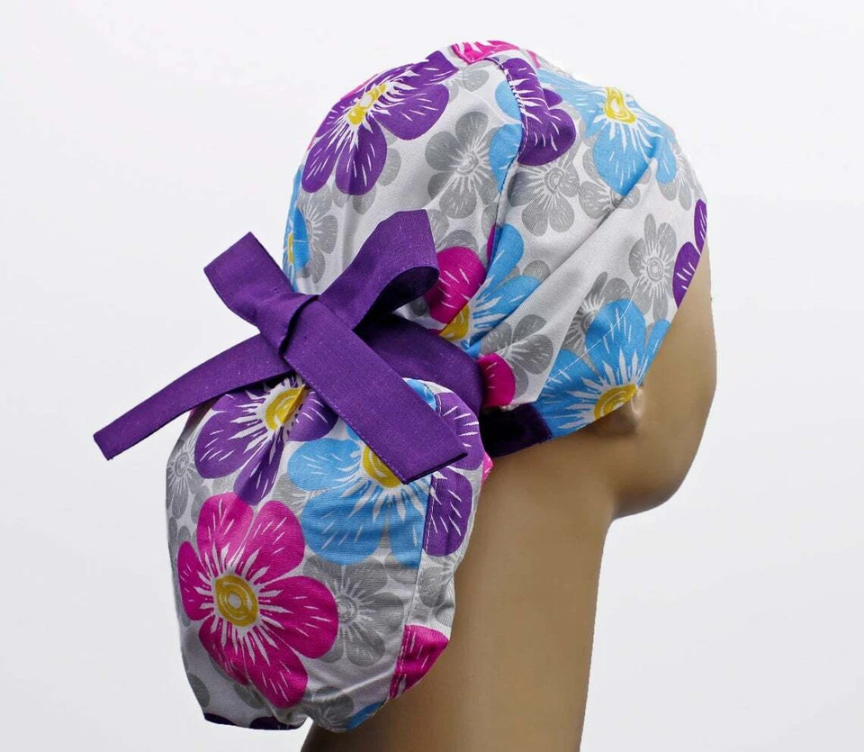 Scrub hats, nurse scrub cap, womens surgical hat, ponytail scrub cap flowers - Image 1 of 1